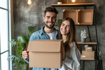 Smiling young couple holding a cardboard box at a new apartment