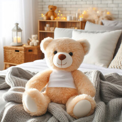 cute stuffed animal toy teddy bear sitting on cozy bed. ai generative
