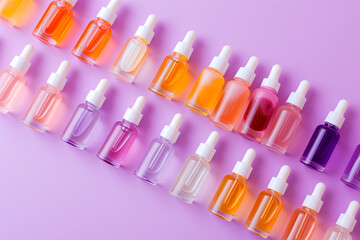 lots of dropper bottles with serum or essential oils