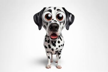 Full body Funny Portrait of surprised Dalmatian dog with Huge Eyes on solid white background. ai generative