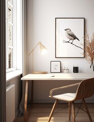 Minimalist home office with a bird poster