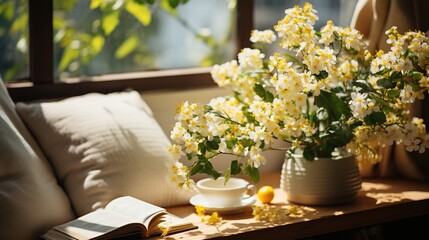 Still life with flowers and book by the window