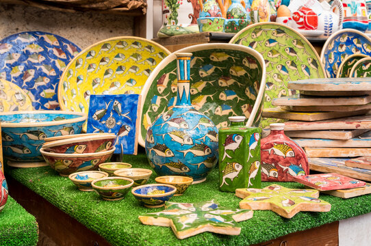 Traditional Sicilian handmade ceramic pottery products in typical souvenir shop in the historic center of Erici, province of Trapani, Western Sicily, Italy