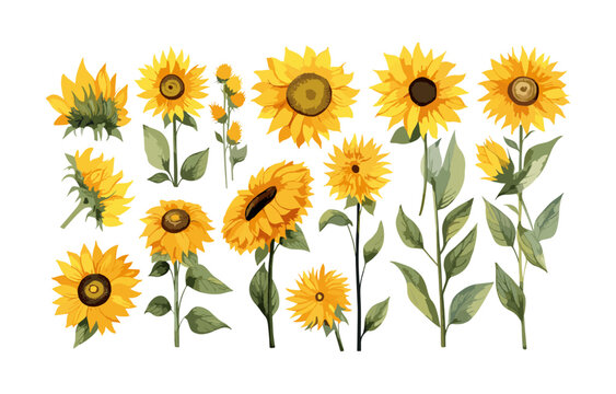 Watercolor sunflowers illustration set. Yellow summer flowers, Floral elements, Wildflowers.