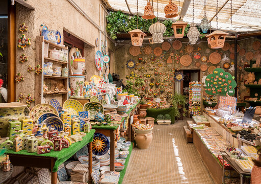 Erice, Sicily, Italy - September 24, 2016: Ceramic souvenir shop in the historic center of Erici, province of Trapani.