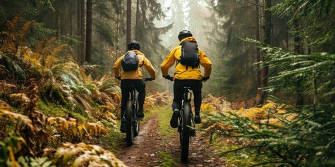 Mountain Bikers Exploring a Misty Forest Trail - obrazy, fototapety, plakaty