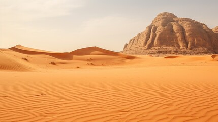 A vast expanse of sand dunes in the desert with a large rock mountain in the distance