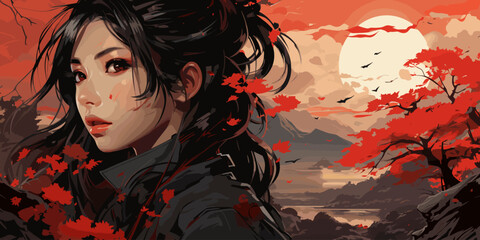 Japanese anime warrior girl. Samurai of Japan. vector - obrazy, fototapety, plakaty