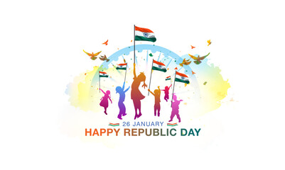 Children holding tricolor indian flag and saluting, celebrating Republic day of India, 26 January background