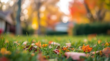 typical suburb background. late autumn. front yard. soft focus shallow depth of field background. sunny weather, calm and peaceful atmosphere. generative AI