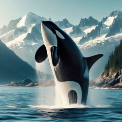 high detailed photo of a Killer whale breaching out of water. ai generative - obrazy, fototapety, plakaty
