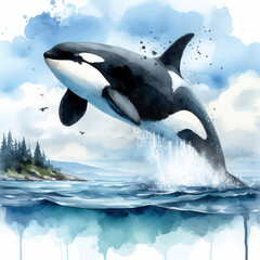Obraz premium high detailed photo of a Killer whale breaching out of water. ai generative