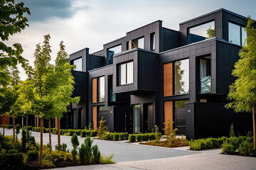 Modern black townhouses with large windows and green trees in front