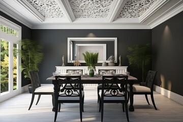 Elegant dark dining room with coffered ceiling