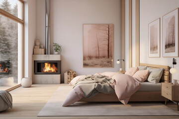 bedroom bed in a bedroom next to a fire place, scandinavian style, portrait of a beautiful, very cozy, with its open plan layout and expansive windows