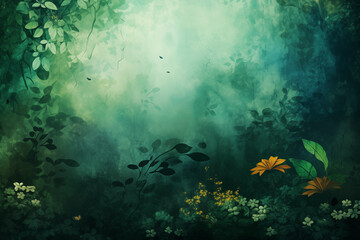 Fototapeta premium Abstract floral pattern, summer background, reminiscent of the texture of a lush green forest with leaves and trees creating a natural atmosphere.