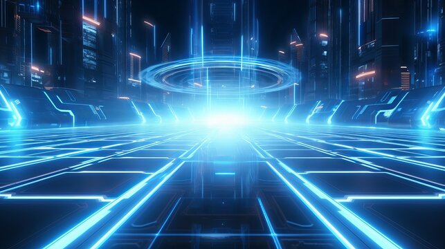A cool background is the backdrop for this 3d rendering of futuristic sci-fi techno lights.