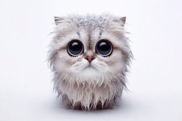 portrait of a frozen cute cat with bulging big eyes on a solid white background. ai generative - obrazy, fototapety, plakaty
