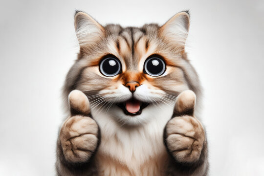 Portrait of a beautiful happy cat thumbs up as a sign of excellent work on white background. ai generative