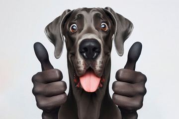Portrait of a Great Dane dog thumbs up on a solid white background. ai generative - obrazy, fototapety, plakaty