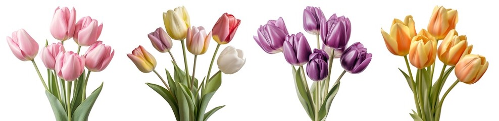 Collection set bunch bouquet pink purple orange mixed stalk of tulip tulips flower floral with leaves arrangement on transparent background cutout, PNG file. Mockup template artwork graphic design