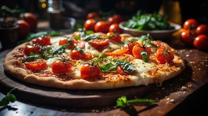 A delicious pizza with tomatoes, basil, and cheese