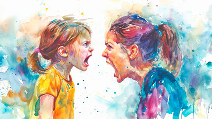 Abusive mother illustration, bad mother scream, victim child, despotic parent, psychological violence abuse.