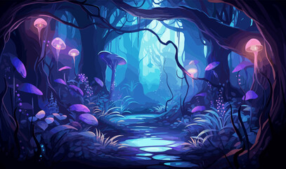Obraz premium mystical forest with bioluminescent plants vector isolated illustration