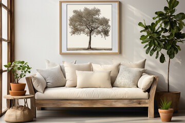 Picture a cozy farmhouse living room with a rustic sofa placed next to a potted houseplant against a soothing beige wall adorned with a framed poster. 