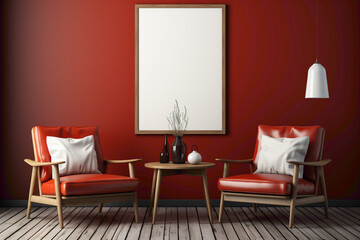 Picture a minimalist arrangement of two chairs in brown, white, and red colors, framed by a blank wall. 