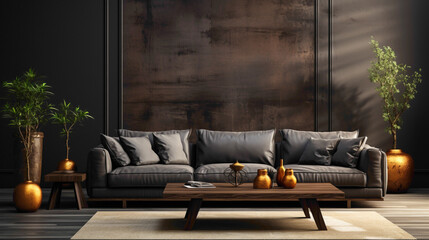 Picture a refined living room with a dark brown sofa as the centerpiece against a minimalist solid mockup wall. 