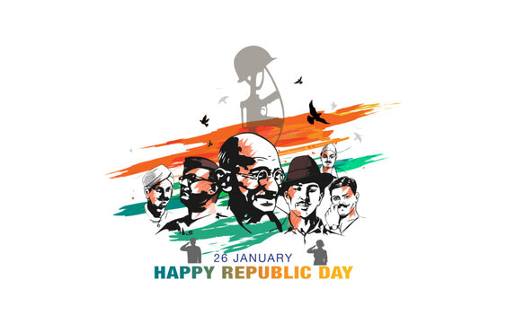 Vector illustration of India republic day tricolor patriotic background. Indian Army people remembering, saluting, martyrs and Indian freedom fighter.