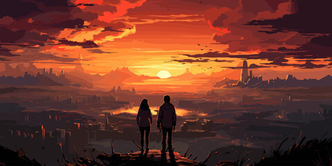 young couple standing on the roof top looking at cityscape at sunset, digital art style, illustration painting