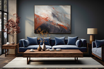 Picture the soothing ambiance of a living space featuring dark blue and grey sofas and a wooden table. 