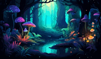 Fotobehang Sprookjesbos mystical forest with bioluminescent plants vector isolated illustration