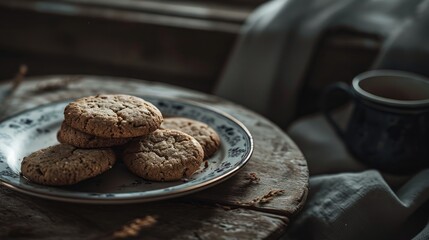 Fototapeta premium Tasty cookies on a plate on table, cozy atmosphere