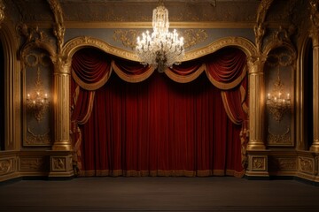 An empty opera theatre stage, anticipating a performance, wallpapper background