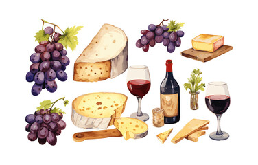 Watercolor illustration set clipart of cheeses for wine, design, print, vector