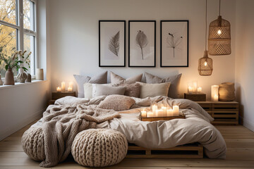 Revel in the understated beauty of a simple and attractive cozy beige bed, embodying the essence of Scandinavian design in a tranquil bedroom retreat.