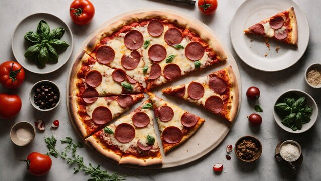  Pizza with salami and mozzarella cheese on light background
