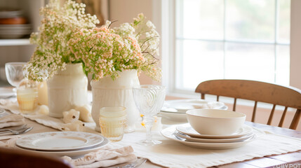 Beautiful table setting for dinner in light colors in a rustic style with beautiful dishes, cutlery and flowers.