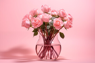 Beautiful bouquet of pink roses in glass vase on pink background. greeting card for Valentine's day, mother's day, women's Day card.