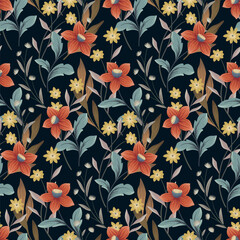 Seamless floral pattern, abstract flower print in ornate vintage style. Beautiful botanical design: large and small hand drawn wild flowers, leaves, herbs, branches on dark. Vector illustration.