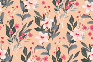 Seamless floral pattern, romantic flower print in a delicate vintage motif. Botanical design: hand drawn wild flowers, leaves in an abstract composition on a pink background. Vector illustration.