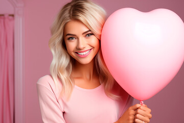 Portrait pretty happy smiling woman with air balloons heart shape on pink background. Woman on Valentine's Day. Symbol of love.