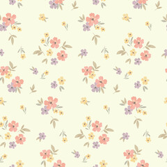 Seamless floral pattern, liberty ditsy print of mini pretty bouquets. Cute botanical design: small hand drawn flowers, tiny leaves in an abstract composition on a light background. Vector illustration