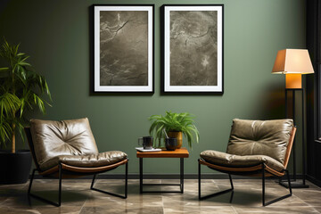 Step into a room adorned with two chairs in a harmonious blend of green and charcoal grey, set against a blank wall.
