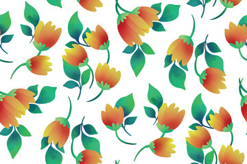Seamless floral pattern, liberty ditsy print of watercolor botany. Cute botanical design: small yellow flowers, little green leaves in a abstract composition on a white background. Vector illustration