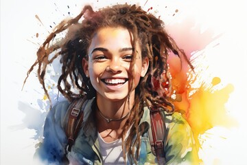 watercolor illustration in bright colors, young girl with dreadlocks, with a backpack smiles on a light backgroud - obrazy, fototapety, plakaty