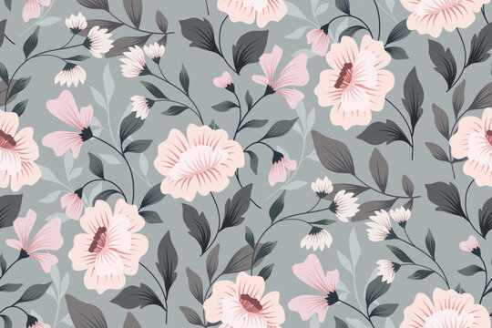 Seamless floral pattern, delicate flower print in romantic vintage style. Botanical design: large hand drawn pink flowers, branches, leaves in an abstract composition on gray. Vector illustration.
